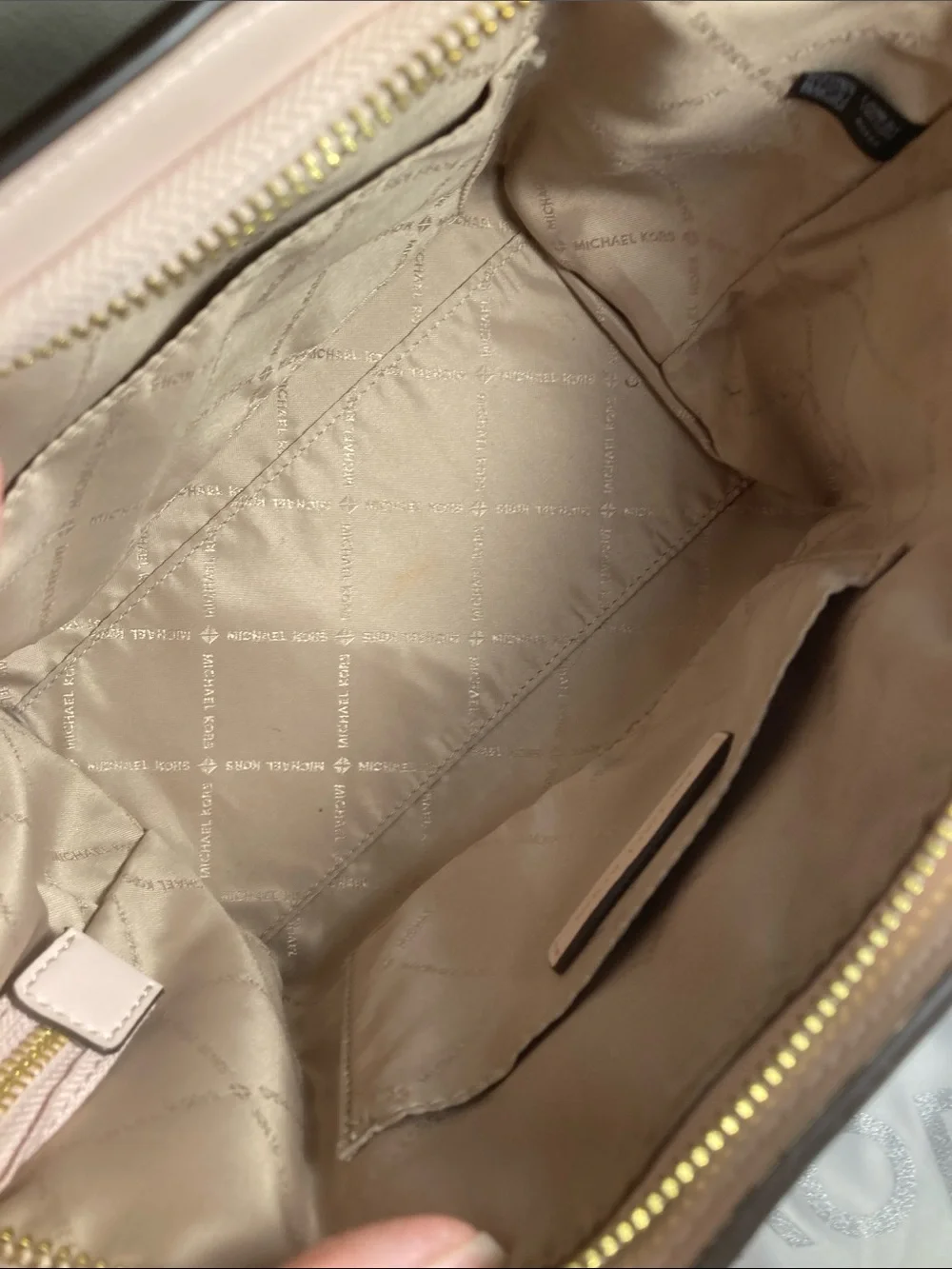 Michael Kors Avril Small Pebbled Leather Top-Zip Satchel in Powder pink Blush.